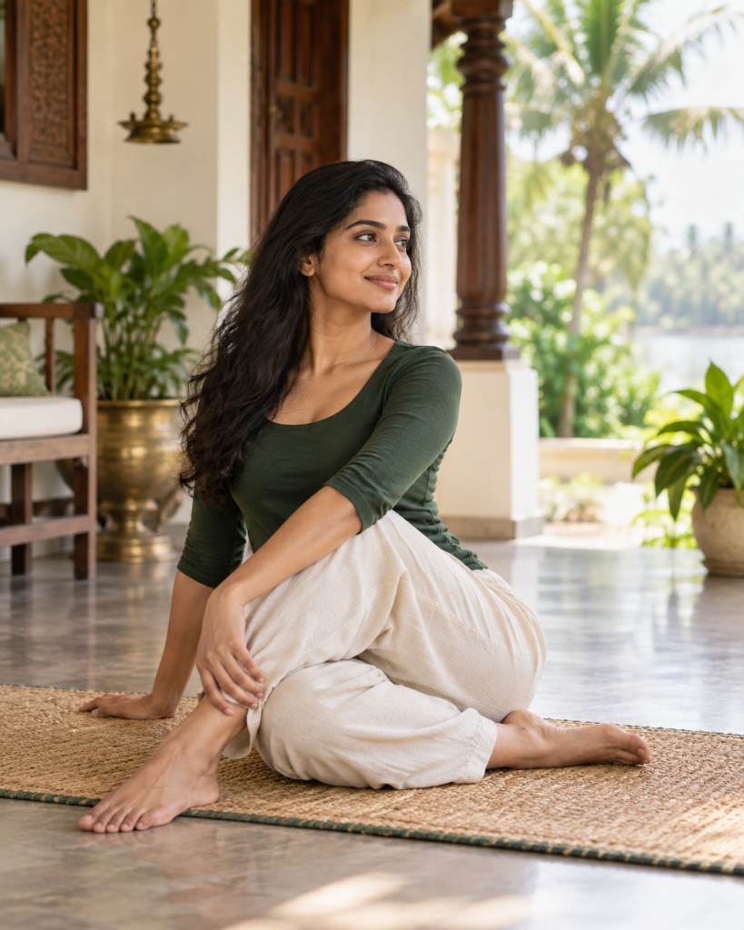 സൂര്യപ്രകാശമുള്ള wellness space-ൽ mindful movement