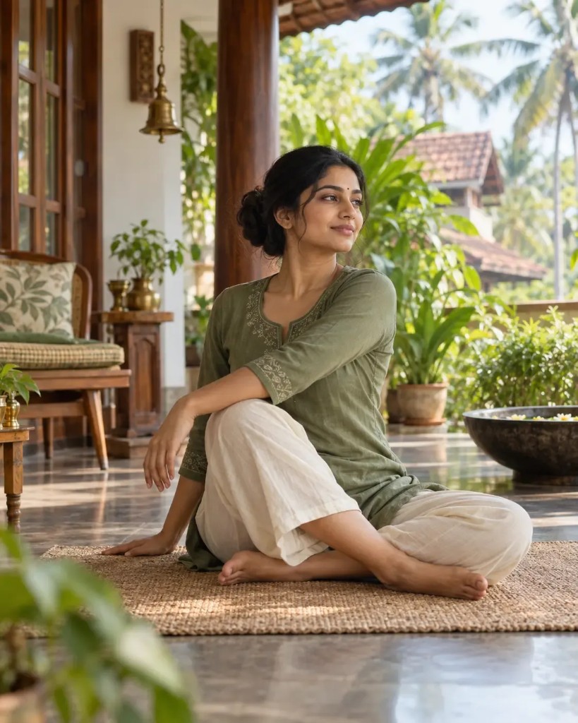 പച്ചപ്പ് നിറഞ്ഞ veranda-യിൽ mindful pose